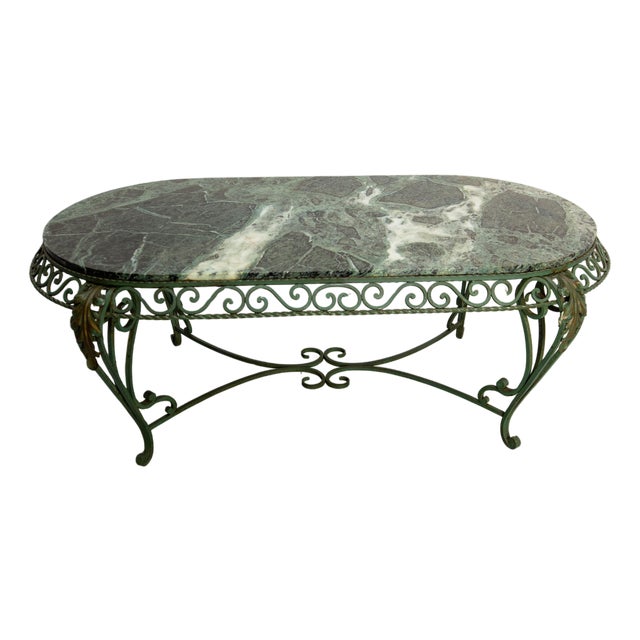 French Green Oval Marble Top & Wrought Iron Coffee Table, 1960 For Sale