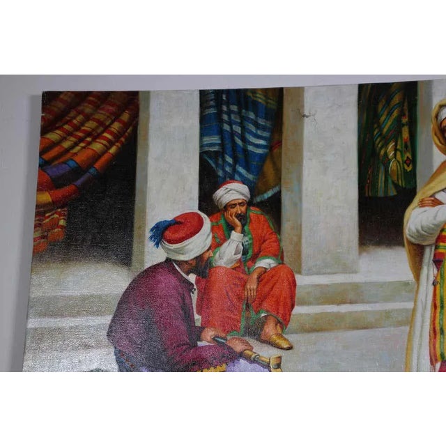 Moroccan Orientalist Oil Painting of a Rug Market For Sale - Image 10 of 11