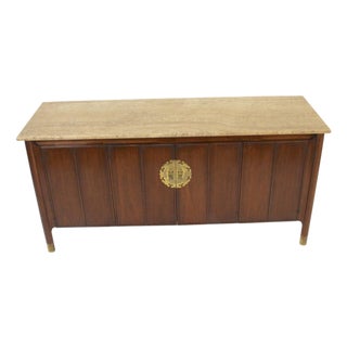 Mid 20th Century Travertine Topped Walnut Credenza in the Hollywood Regency Style For Sale