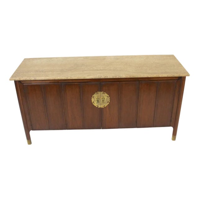 Mid 20th Century Travertine Topped Walnut Credenza in the Hollywood Regency Style For Sale
