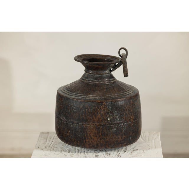 Metal Hand-Hammered Indian Metal Milk Jug with Ring Handle, Vintage For Sale - Image 7 of 18