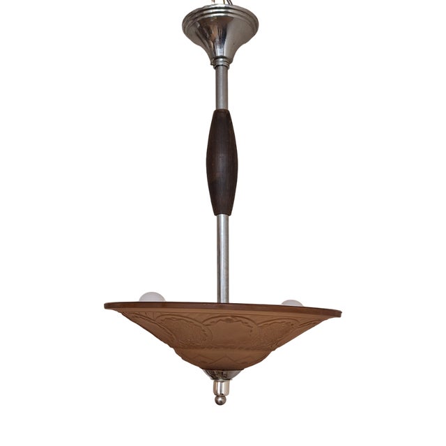 Vintage French Art Deco Pendant Lamp with Pink-Tinted Relief Glass Shade, 1920s For Sale