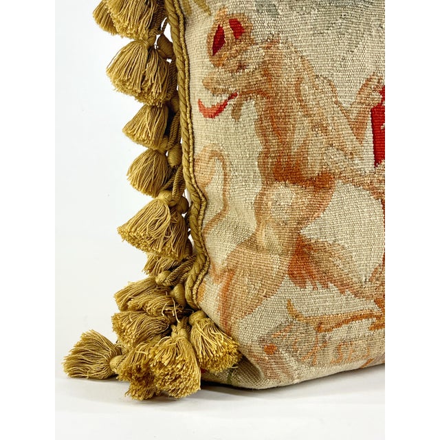 Early 20th century crested Aubusson pillow, French? English? Beautiful heavy tassel fringe and nice damask outside back,...