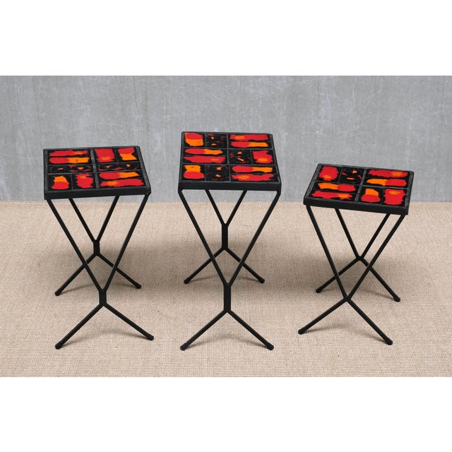 French Modern Nesting Tables with Red and Orange Ceramic Tile Tops, 1950s, Set of 3 For Sale - Image 9 of 15