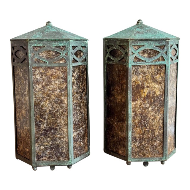 Pair of Early 1900s Copper and Mica Wall Sconce Lanterns For Sale