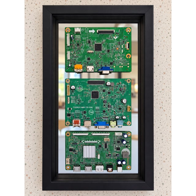 Industrial Authentic Vintage Computer Circuit Board Art on Mirror Set of Four / Black Shadowbox Frames For Sale - Image 3 of 6
