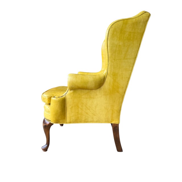 Vintage Shuford Furniture Yellow Leatherette Wingback Armchair | Queen Anne Style Faux Leather Accent Chair | Traditional Hollywood Regency For Sale - Image 9 of 14
