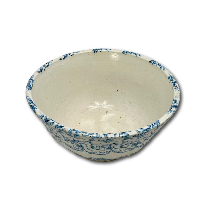 Late 19th Century Beautiful Large 12 Inch Size Antique American Blue Spongeware Decorated Stoneware Kitchen Mixing Bowl - 1890s For Sale - Image 5 of 18