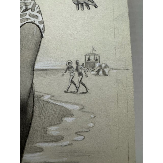 Original Signed Graphite Illustration of Couple Walking Along the Beach, 11 X 8 In. For Sale - Image 4 of 6