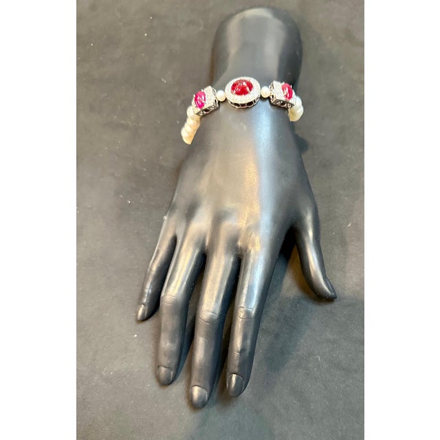 GIA Certified Burma No Heat Natural Spinel & Diamond & Pearl Bracelet, 18KWG For Sale - Image 10 of 18