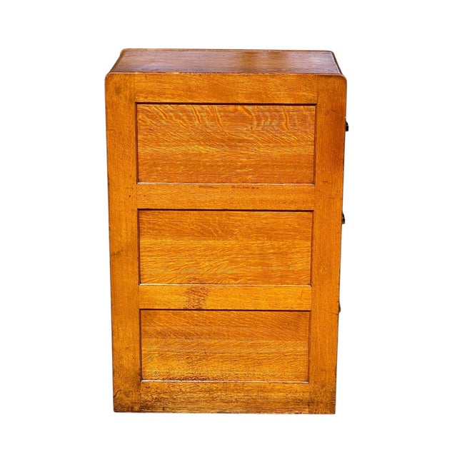 Brown Antique Arts & Crafts Tiger Oak Three Drawer Office File Cabinet For Sale - Image 8 of 10