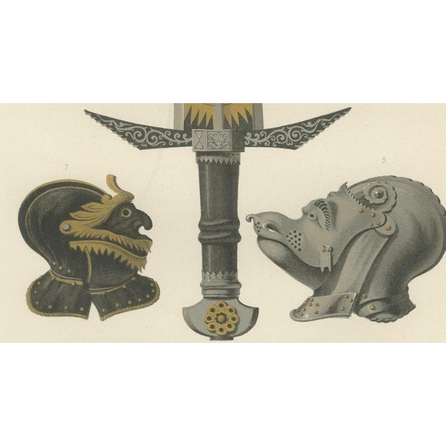 After Rivaud, Medieval Helmets and a German Sword, 1851, Chromolithograph For Sale - Image 6 of 9