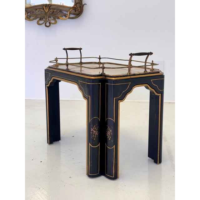Black Vintage Regency Style Black Lacquer and Brass Side Table With Chinoiserie Detail For Sale - Image 8 of 16