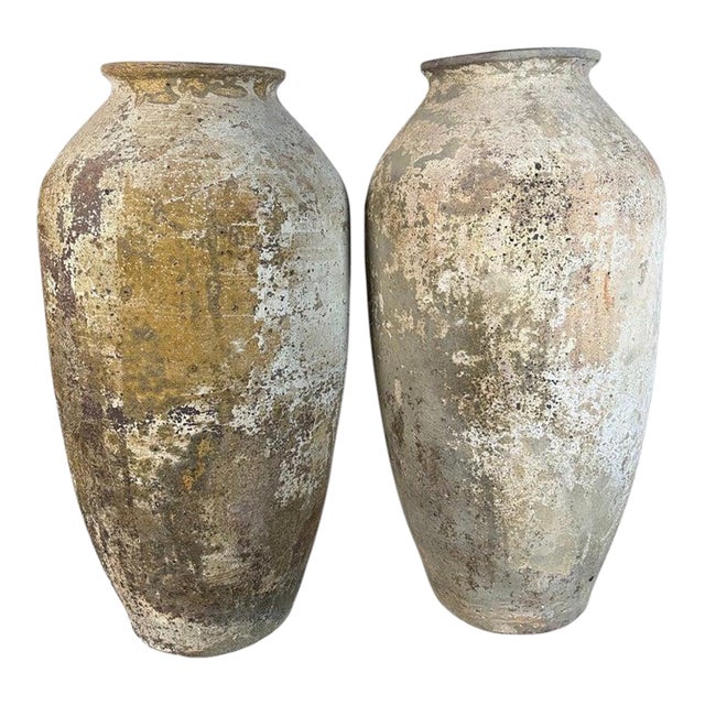 Pair of Monumental Terracotta Olive Jars With Weathered Patina For Sale
