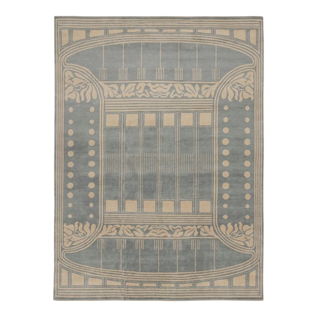 Rug & Kilim’s French Art Deco style rug in Blue & Cream Geometric Patterns - 8x10 For Sale