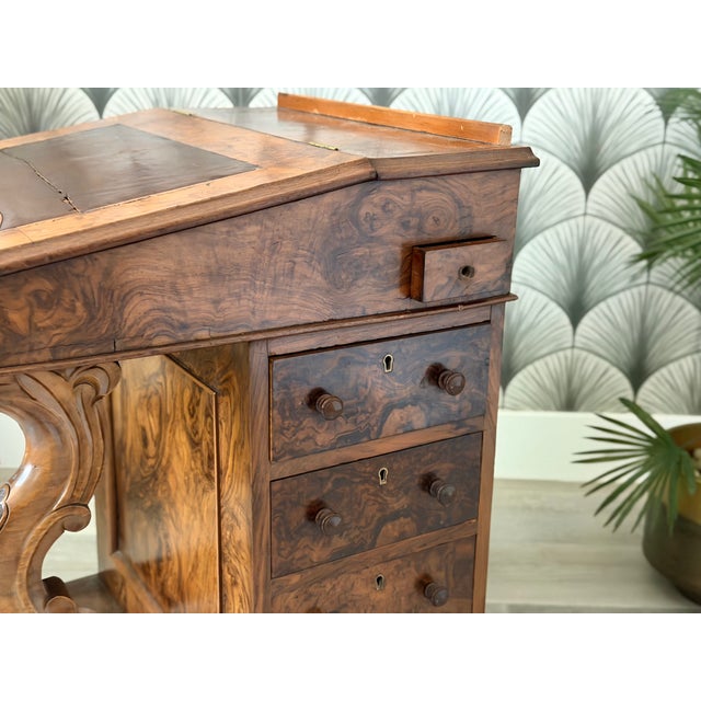 Antique Victorian Burl Walnut Wood and Leather Davenport Writing Table Secretary Desk For Sale - Image 17 of 18