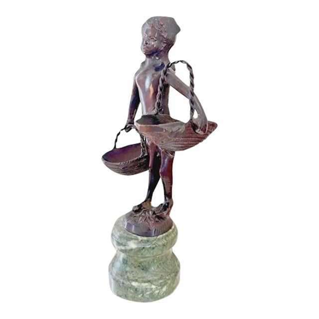 Vintage Bronze Child With Two Baskets on Green Marble in the Manner of Suzanne Bizard (Unsigned) For Sale