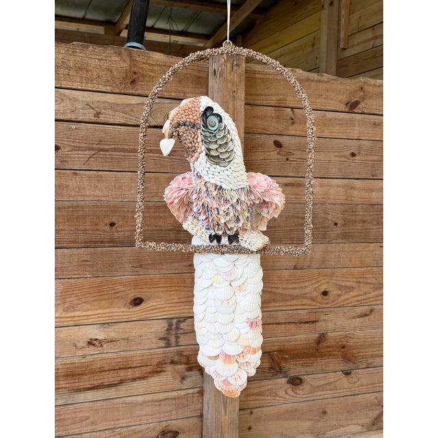 Custom Seashell Encrusted Cockatoo Parrot Sculpture on Hanging Perch For Sale - Image 11 of 12