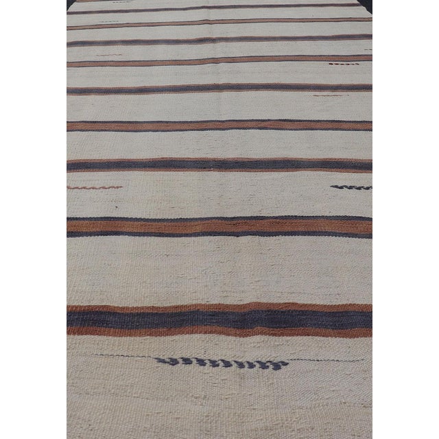Measures: 4'7 x 10'6 Turkish Vintage Kilim Rug Ivory Brown Striped Anatolian Flatweave Wool. Keivan Woven Arts / rug/TU-...