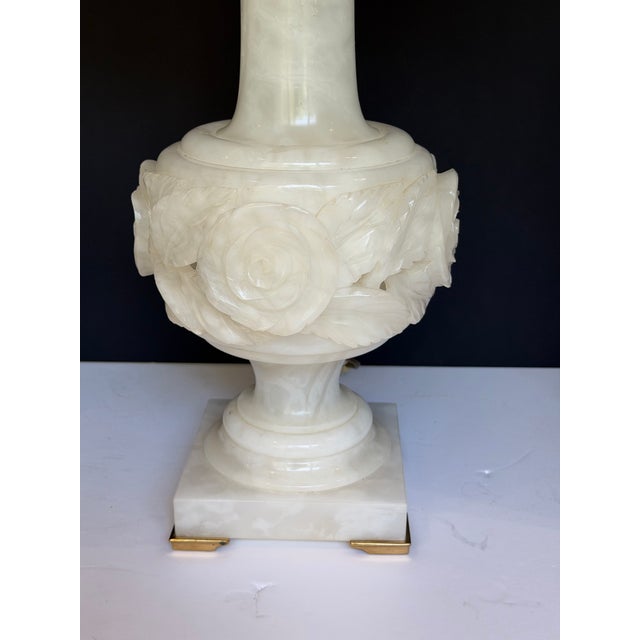 Antique Italian Carved Alabaster Table Lamp With Rose Relief Decoration & Pleated Silk Shade For Sale - Image 4 of 12
