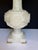 Antique Italian Carved Alabaster Table Lamp With Rose Relief Decoration & Pleated Silk Shade For Sale - Image 4 of 12