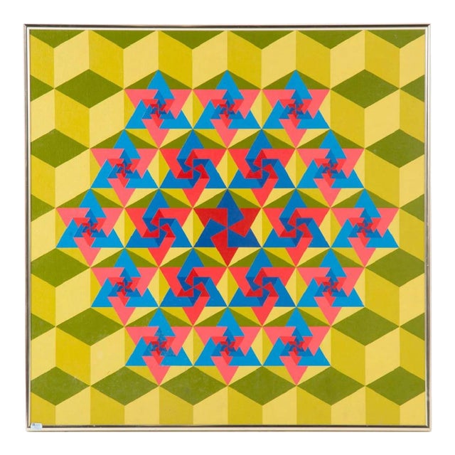Yakov Kaszemacher, Israeli 1970s OP Art Kabbala Painting "Jerusalem, 5732" (Star of David) Judaica, 1972 For Sale