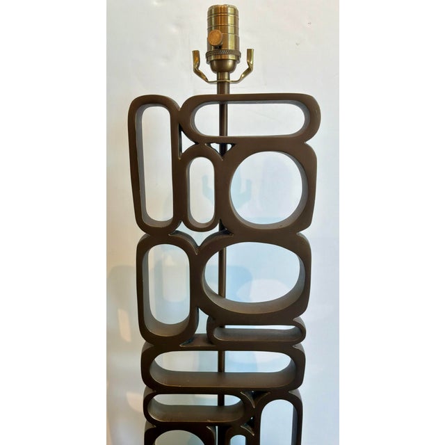 Timeless Currey & Company Mod Geometric Aged Brass Table Lamp, dark gray stone base, showroom floor sample