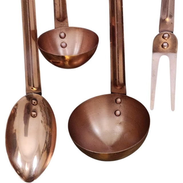 Vintage Solid Copper Kitchen Utensil Set With Hanging Rack, 7 Pieces For Sale - Image 4 of 6