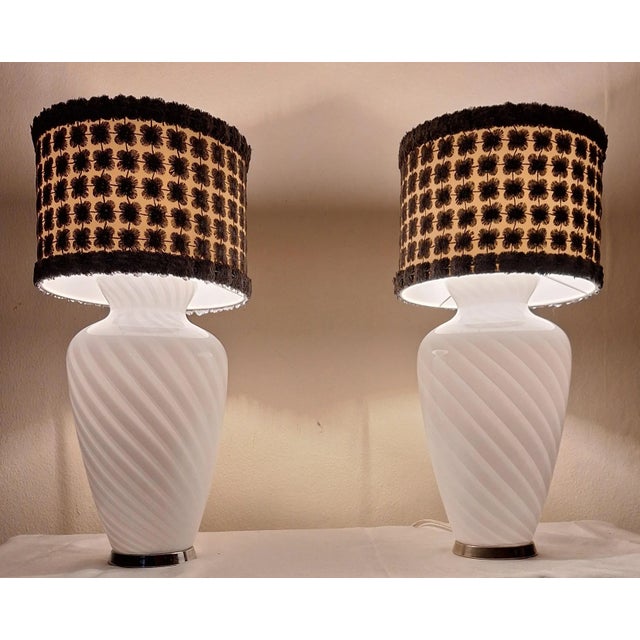 1980s Vintage White Glass Table Lamps with Chrome-Plated Metal Ring and Handmade Fabric Shade, 1980s, Set of 2 For Sale - Image 5 of 9