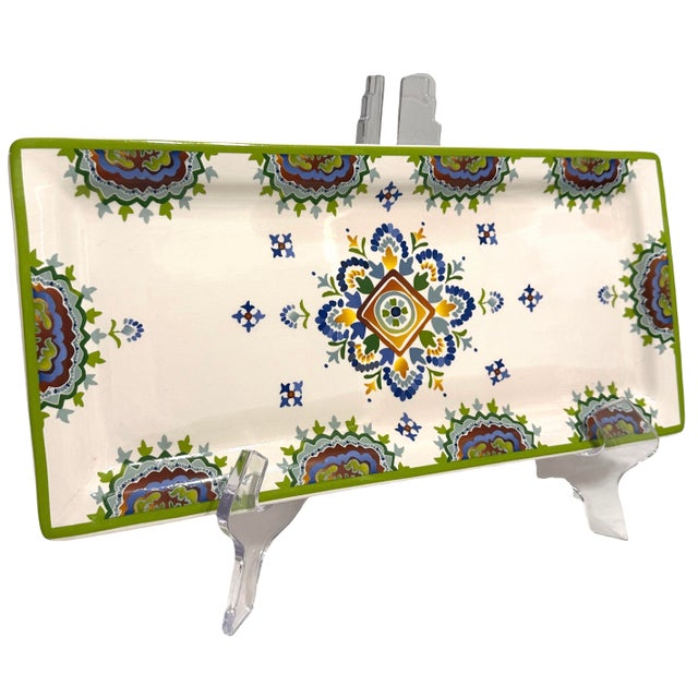 Mid-Century Modern 1980s Ceramic Serving Platter With Talavera Style Hand-Painted Decorations For Sale - Image 3 of 9