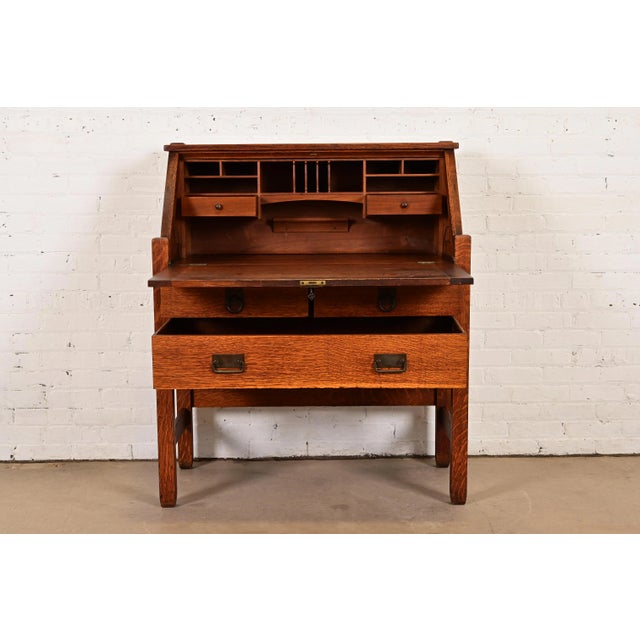 Early 20th Century Stickley Brothers Antique Mission Oak Arts & Crafts Drop Front Secretary Desk, Circa 1900 For Sale - Image 5 of 14
