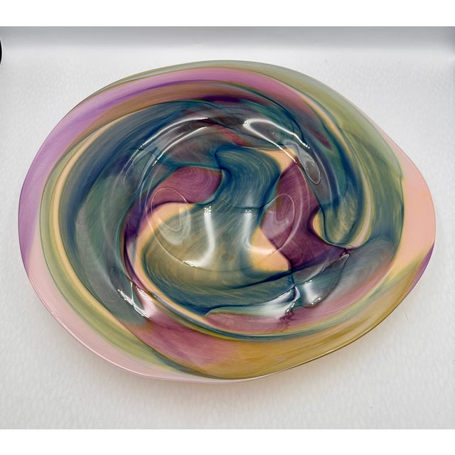Contemporary Geometric Design Hand-Crafted Studio Art Glass Bowl Platter Centerpiece Signed For Sale - Image 3 of 10
