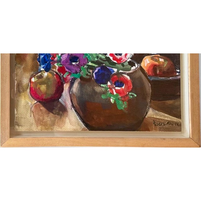 1980s Modernist Floral Still Life Watercolor Anemones and Apples by Evangeline Smedley in Custom Shadow Box Frame 1986 For Sale - Image 5 of 10