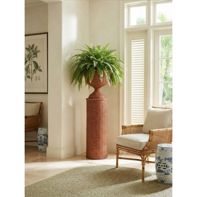 Vintage Mid-Century Woven Wicker Pedestal Urn Planter | Boho Chic Rattan Floor Stand For Sale - Image 12 of 12