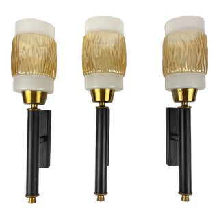 Set of 3 Midcentury Glass and Brass Sconces, Attributed to Maison Arlus/Lunel, Unwired For Sale