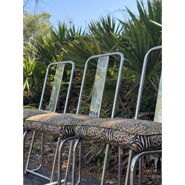 1960s Set of 3 François Arnal for Atelier a Chrome Side Chairs With Custom Animal Print Upholstery For Sale - Image 9 of 12
