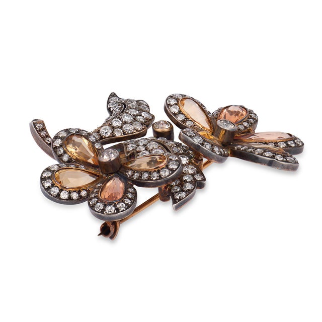 Victorian Antique Imperial Topaz Old Mine Cut Diamond Silver Gold Flower Brooch For Sale - Image 3 of 7
