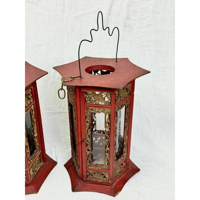 Wood Pair of Asian Hand Carved Wooden Lanterns For Sale - Image 7 of 10