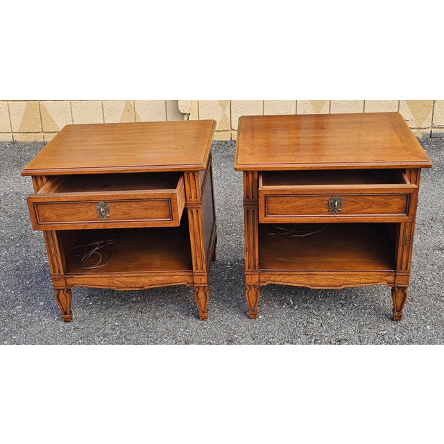 Tan Pair of Mid-Century Henredon Folio One Walnut Single Drawer Tiered Side Tables For Sale - Image 8 of 12