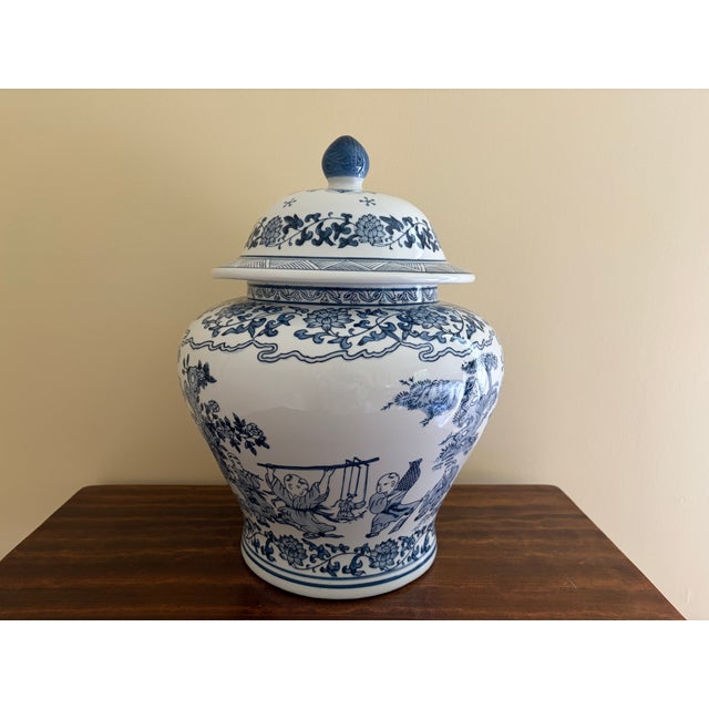 Chinoiserie Large Blue and White Porcelain Covered Jar For Sale - Image 10 of 10