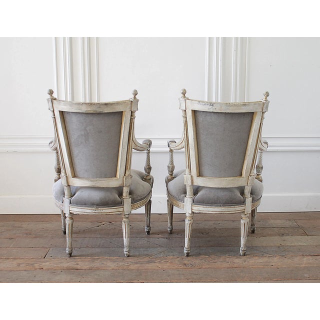 Late 19th Century 19th Century Painted and Upholstered Louis XVI Style Open Arm Fauteuils - a Pair For Sale - Image 5 of 13