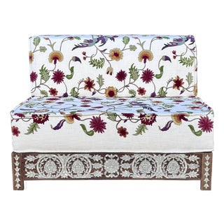 Vintage Mother of Pearl Inlay Bench With Hand Embroidered Suzani-Style Linen Upholstery For Sale
