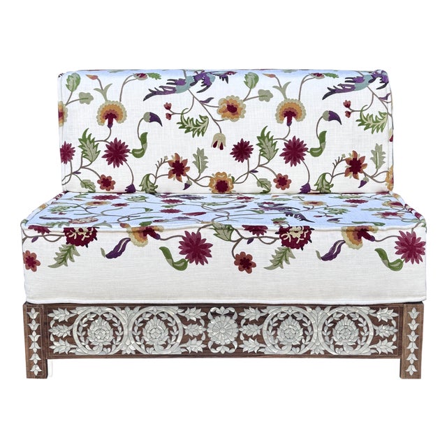 Vintage Mother of Pearl Inlay Bench With Hand Embroidered Suzani-Style Linen Upholstery For Sale