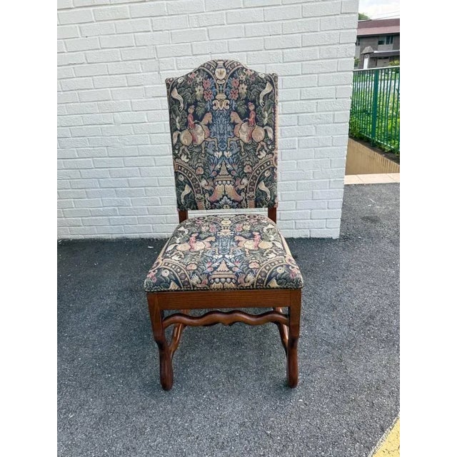 French Pair of Vintage French Style Hand Pegged Mutton Leg Tapestry Upholstery Chairs. For Sale - Image 3 of 11
