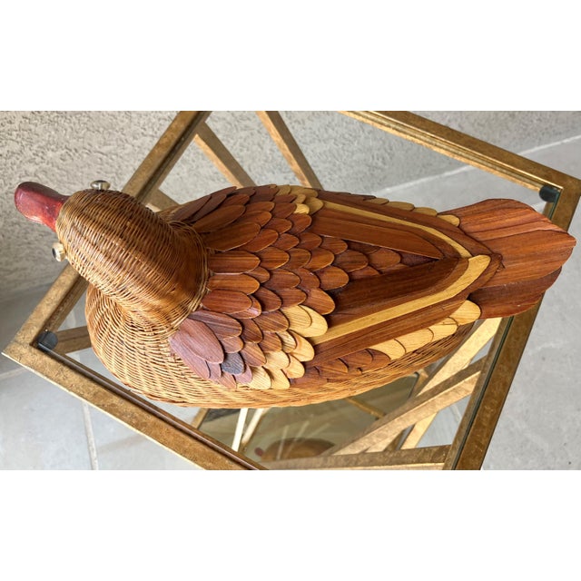 Tan Circa 1970/1980 Finely Handcrafted Lacquered Rattan & Bamboo Decorative Duck Storage Basket For Sale - Image 8 of 12