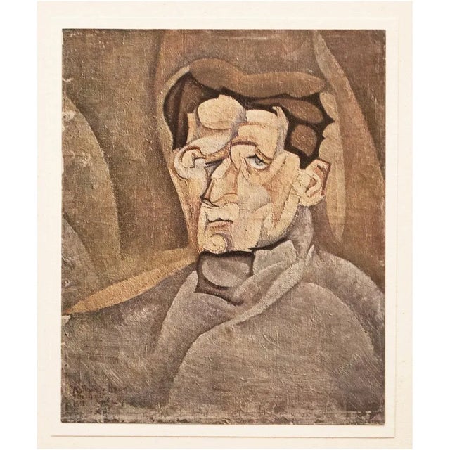 A rare vintage offset lithograph, full-color print of "Portrait of Maurice Raynal" (1911) by Juan Gris in Analytical...