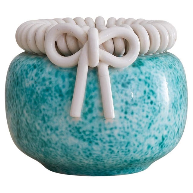 French Turquoise Ceramic Vase with Bow Motif by Gustave Asch, 1940s For Sale - Image 17 of 18