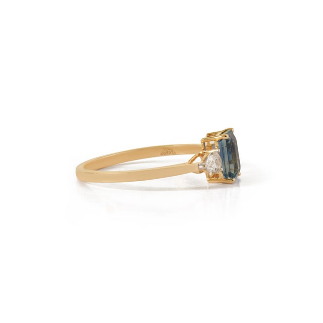 Metal 14k Gold 1.22ct Octagon Blue Sapphire & Pear Diamonds Three Stone Ring Size 4 For Sale - Image 7 of 18
