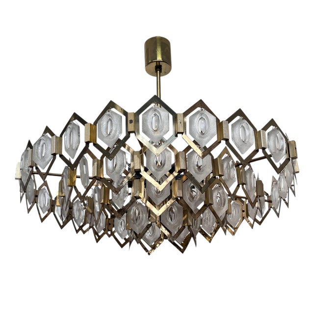 Glass and Brass Chandelier attributed to Jaroslav Bejvl for Kamenicky Senov, 1960s For Sale