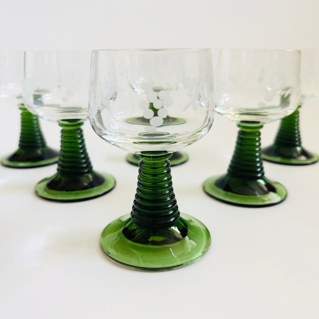Mid-Century Modern Etched German Roemer Coupe Wine Glasses With Green Stems - Set of 6 For Sale - Image 3 of 8